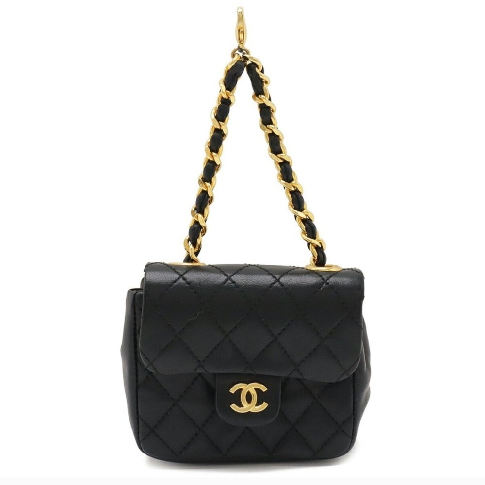 CHANEL Black Maltese Quilted Micro Bag Charm with Gold Chain